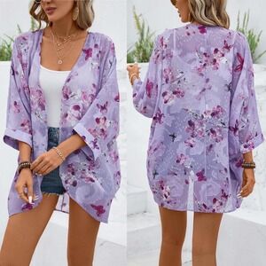 Olrain Purple Sheer Floral Butterfly Kimono Cardigan Chiffon Cover Up XL Boho